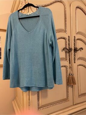 Eileen Fisher Light Blue V-Neck linen Sweater XL summer weight